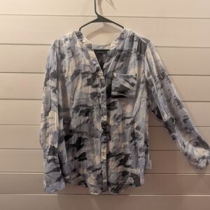 Light Blue & White Watercolor Button Front Blouse